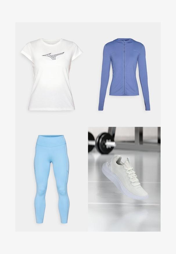 Sudadera con capucha de manga larga y cierre de cremallera en tejido azul claro. Presenta un patrón texturado y un diseño ajustado con capucha.; Camiseta de algodón blanca con mangas cortas, que presenta un diseño de línea negra de un logo en el pecho. Cuello redondo clásico, textura suave.; Leggings de color azul claro, fabricados con una tela elástica. Presentan una cintura alta, una textura suave y costuras curvadas a lo largo de las piernas.; Zapatilla deportiva blanca con parte superior de malla texturizada y sistema de cordones, que presenta una suela blanca acolchada y sutiles acentos acanalados.