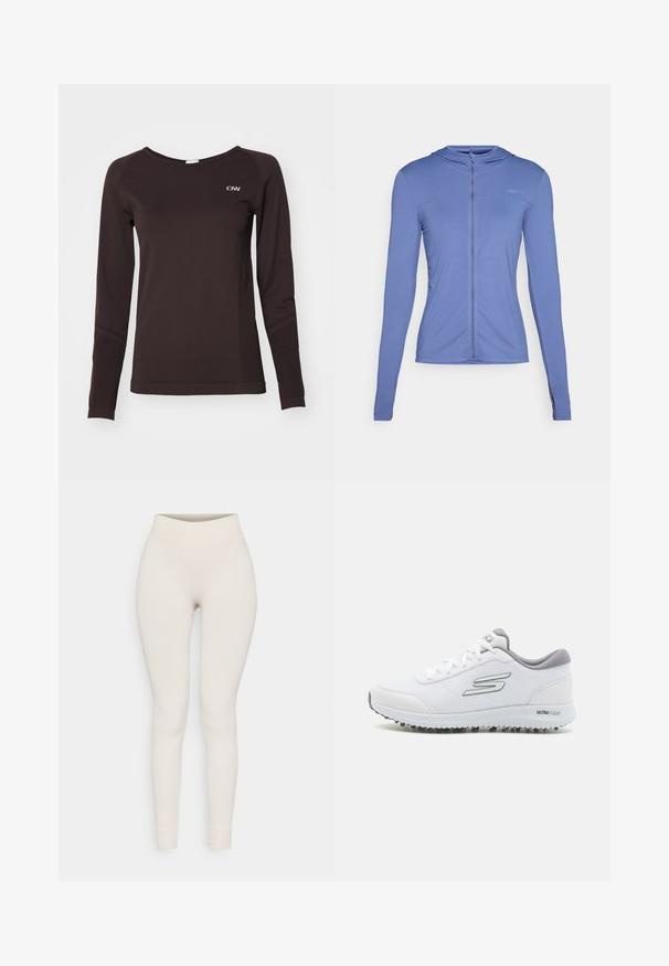 Bluza z długim rękawem, zapinana na zamek, w jasnoniebieskim kolorze. Posiada teksturowany wzór oraz dopasowany krój z kapturem.; Brązowa koszula z długim rękawem, wykonana z gładkiego materiału. Posiada okrągły dekolt oraz małe białe logo na klatce piersiowej.; Dopasowane legginsy w kolorze beżowym, z wysokim stanem i dopasowanym krojem. Gładka faktura, zwężane nogawki i wykończenia w mankiety.; Białe sportowe buty z teksturowanym siateczkowym wierzchem, srebrnymi akcentami i lekką podeszwą z małymi stożkami trakcyjnymi, oznaczone "ULTRA FLIGHT".