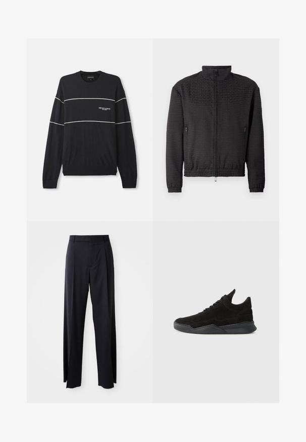 Kerge must jakk, millel on peen reljeefne logo muster, kõrge krae, täispika tõmbluku ja elastsete mansettide abil sobiv välimus.; Tumed sviiter pika varrukaga, valgete horisontaalsete triipudega ja logo vasakul rinna kohal. Varrukate ja alumise ääre soonikkoes.; Mustad, kõrge vöökohtaga püksid laia säärte lõikega, valmistatud siledast kangast. Omab ees plekke ja vöörihmade jaoks silmuseid. Minimalistlik disain, nähtavat riistvara pole.; Musta sametist tossud madala profiiliga, tekstureeritud pealmise osaga, lame-lõngade ning kindla kummitaldaga, millel on kerge konts ja kaardus disain.