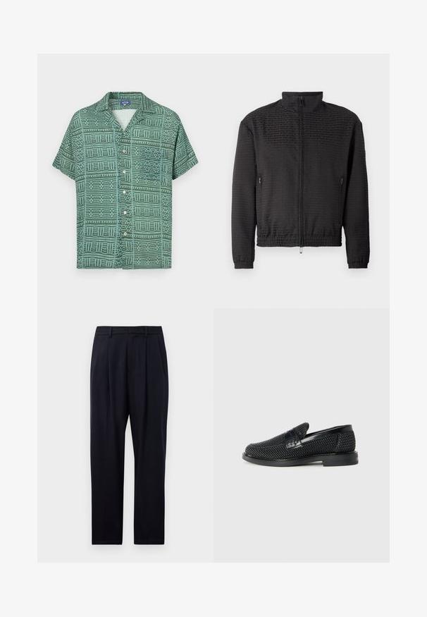 Lightweight black jacket featuring a subtle embossed logo pattern, high collar, full front zipper, and elastic cuffs for a fitted look.; Short-sleeve green shirt featuring a geometric pattern in darker green and aqua, with a button-down front and a camp collar design.; Navy blue trousers in a straight cut, featuring a textured fabric, two front pleats, belt loops, and a zip fly closure.; Black woven slip-on shoe with a smooth leather accent on the upper, a round toe design, and a low-profile rubber sole.