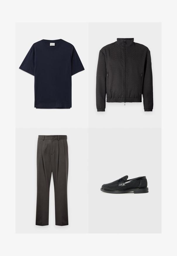 Viegls melns jaciņa ar diskrētu reljefa logotipa rakstu, augstu apkakli, pilnu priekšējo rāvējslēdzēju un elastīgām aprocēm, kas nodrošina pieguļošu izskatu.; T tumšzilā kokvilnas T-kreklu ar īsām piedurknēm, apaļu kakla izgriezumu un brīvu piegriezumu. Uz kakla izgriezuma ir uzrādīts uzraksts "CLOSED". Gluda tekstūra.; Tumši pelēki bikses, izgatavotas no teksturēta auduma, ar taisnu priekšpusi, krokojumu, taisnām kājām un jostu cilpām. Nav redzamu metālu detaļu vai rakstu.; Melnas austas slaidu kurpes ar gludu ādas akcentu augšpusē, apaļas formas purngalu un zemas profila gumijas zoli.