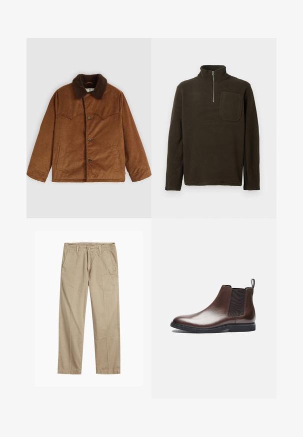 Pruunist korduroožist jakk pruuni karvase kraega, nööbiga kinnitamine, kaks küljetaskut ja eristuv õmmeldud yoke-detail rinnaosas.; Pruun fliispullover kõrge kaelusega, pool tõmbe ja rinnataskuga. Pehme tekstuur ja lõdva lõikega, pikkade varrukatega.; Beeži sirged säärte chinos-püksid, millel on vööloopide, esipainutatud nupud ja tõmblukk ning kaldega esikotid.; Zign LEATHER - Klassikalised poolsaapad - brown