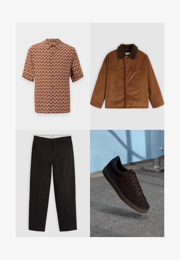 Bruine corduroyjas met een bruin bontkraag, knoopsluiting, twee zijzakken en een kenmerkend gestikt schouderdetail op de borst.; Korte mouwen shirt in bordeauxrood met een ingewikkeld crème geometrisch patroon. Kraagontwerp met knopen aan de voorkant voor sluiting.; Zwarte rechte chino's met riemlussen, knoopsluiting en zijzakken, weergegeven op een lichtgrijze achtergrond.; Bruine sneaker met een gladde suède bovenkant, ronde neus en zwarte leren accenten. Heeft bruine veters, een rubberen zool en subtiele perforaties.