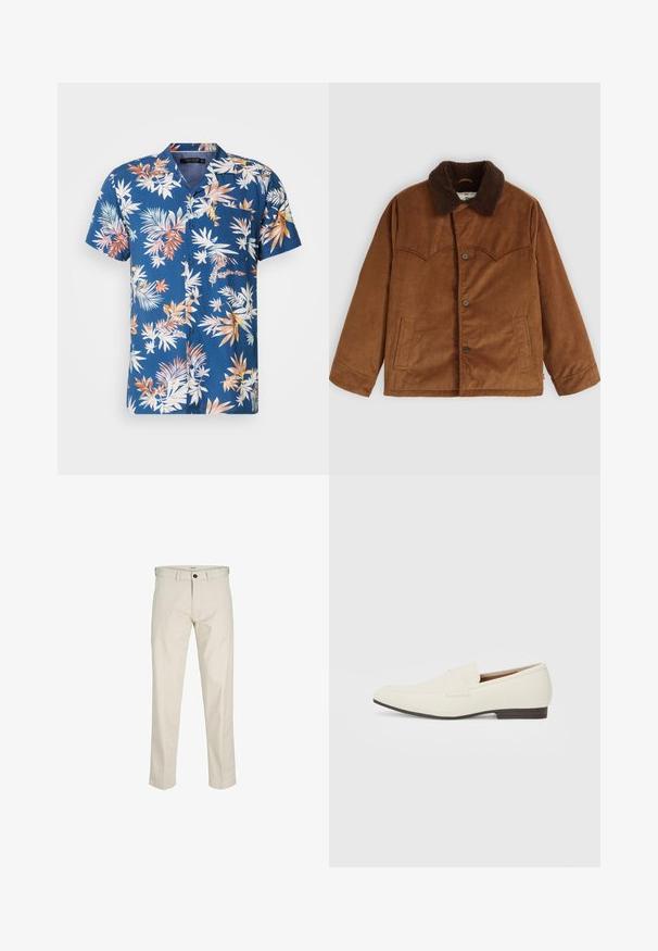 Rjava kordna jakna z rjavim krznom, z gumbom za zapiranje, dvema stranskima žepoma in značilnim šivanim detajlom na prsih.; Srajca s kratkimi rokavi, modra mornarska barva, z večbarvnim tropskim vzorcem listov. Ima en žep na prsih, lahek material in sproščen kroj.; Bež bombažne hlače s ravnim krojem, gumbom za zaponko, sprednjimi žepi in šivanimi šivi. Gladka tekstura, minimalno pozornost na podrobnosti in brez vzorcev.; Svetlo bež balerinke s koničastim nosom, gladkim materialom, pasom čez zgornji del in nizkim rjavim podplatom. Enostaven dizajn z minimalnimi detajli.