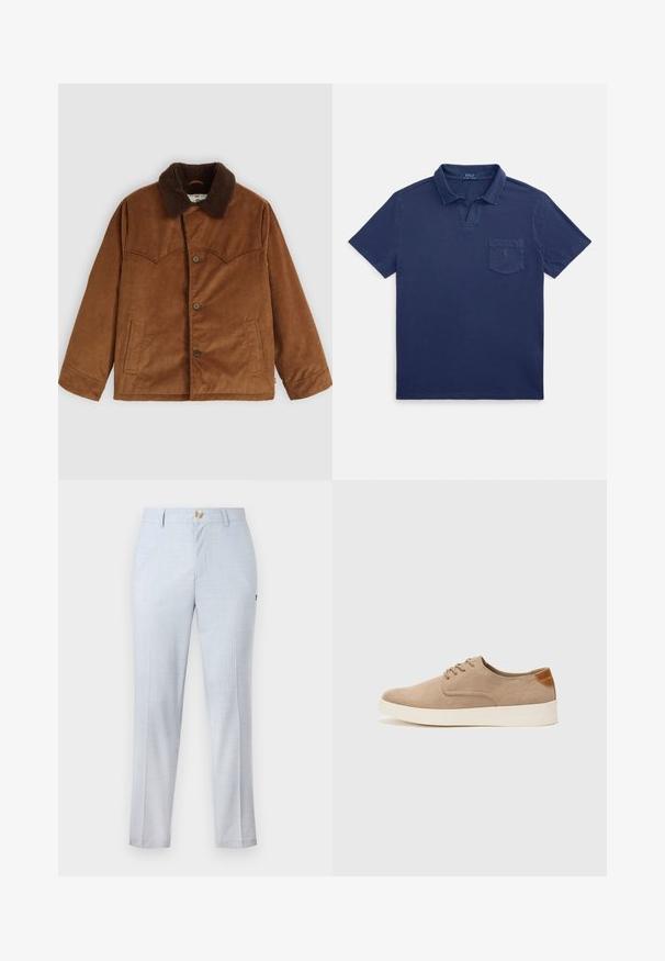 Brun kordflodjacka med brun pälskrage, knäppning fram, två sidofickor och distinkt sömnadsdetalj på bröstet.; Mörkblå pikétröja i bomull med uppvikt krage, korta ärmar och en bröstficka med liten logotypdetalj.; Ljusblåa byxor i vävt tyg med klassisk passform, rak benlängd, framfickor och knappstängning. Diskret mönsterdetalj.; Beige mockasinsneakers med rund tå, snörning fram och texturerad bakaxel. Vit gummisula ger kontrast. Enkelt och modernt design.