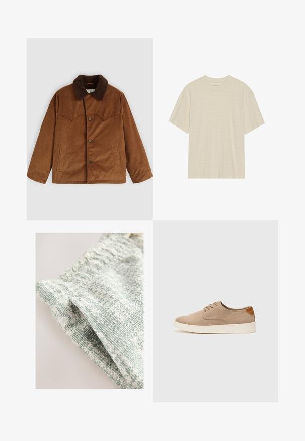 Braune Cordjacke mit braunem Pelzkragen, Knopfverschluss, zwei seitlichen Taschen und charakteristischer gestickter Passe auf der Brust.; Cremfarbener T-Shirt mit kurzen Ärmeln, das über eine subtile gestreifte Textur und einen runden Ausschnitt verfügt, aus leichtem Stoff gefertigt.; Strukturierter Stoff mit einem gewebten Design in sanften Grüntönen und Weiß. Hat ein weiches, leichtes Gefühl und ein dezentes Muster.; Beige Wildleder-Sneaker mit runder Zehenpartie, Schnürung und strukturiertem Rückenteil. Die weiße Gummisohle sorgt für einen Kontrast. Einfaches und modernes Design.