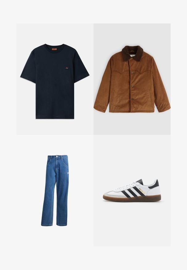 Brūns korduroja žakets ar brūnu ādas apkakli, pogu aizdari, divām sānu kabatām un izteiksmīgu izšuvumu uz krūtīm.; Tumši zila kokvilnas T-kreklu ar apaļu kakla izgriezumu un īsām piedurknēm. Uz krūšu ir mazs sarkans un balts zigzaga logo.; Zilas augsta vidukļa platas kāju džinsu bikses ar priekšējiem kabatām, jostas cilpām, pogu aizdari un mazu Adidas logo labajā augšstilbā.; Baltas ādas sneakers ar melniem zamšādas akcentiem, trim melnām svītrām, bēša gumijas zolēm un zelta "SPEZIAL" zīmolu sānos.