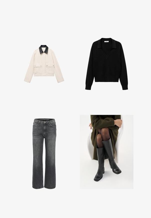 Skraćeni sako od pamučne tkanine u off-white boji, s crnim kožnim ovratnikom, dva prednja džepa i kopčama na dugme. Glatka tekstura, minimalistički dizajn.; Crni pulover s dizajnom u obliku V i ovratnikom. Izrađen od mekanog materijala, ima dugačke rukave i opušteni kroj.; Široke traperice u tamno sivoj boji, s klasičnim pet džepnim dizajnom, prošivima i kopčanjem na dugme u struku.; Čizme od crne kože do koljena sa četvrtastim vrhom i blok petom, prikazane s manekenkom koja sjedi u maslinasto zelenom kaputu. Glatka tekstura, minimalni detalji.