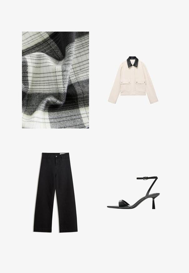 Giacca accorciata in cotone bianco sporco, con colletto in pelle nera, due tasche davanti e chiusure a scatto. Texture liscia, design minimale.; Tessuto tessuto con un motivo a quadri in bianco, nero e grigio, caratterizzato da texture varie e cadute morbide, che mostrano fibre delicate e superfici lisce.; Pantaloni in denim neri a gamba larga con vita alta, dotati di tasche anteriori e posteriori, cuciture a punto, e chiusura con bottone. Texture liscia.; Bershka Sandali con tacco - black