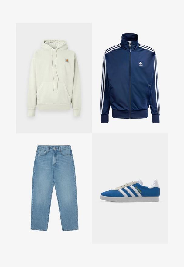 Navy blå Adidas treningsjakke laget av glatt stoff, med høy krage, hel glidelås og tre hvite striper på hver erme.; Lys grå hettegenser laget av myk stoff, med kengurulomme, snor i hetten, og et lite logo-merke øverst til venstre.; Lyseblå denim brede benbukser med høy midje, som har fem lommer, beltehemper og en myk, lett falmet tekstur.; adidas Originals ADIDAS GAZELLE SHOES - Innendørsfotballsko - real madrid/bluebird/footwear white/crew yellow
