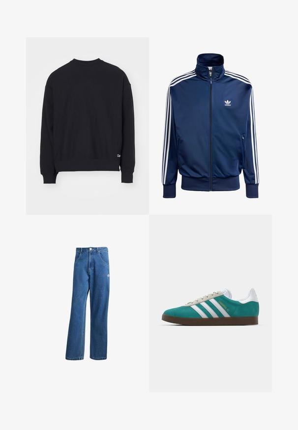 Tamsiai mėlynas Adidas treniruočių švarkas, pagamintas iš lygaus audinio, su aukštu apykakle, pilnu užtrauktuku ir trimis baltais šalmais kiekvienoje rankovėje.; Juoda džemperis su apvaliu kaklu, ilgomis rankovėmis, gumuotais rankogaliais ir apačia. Ant apatinės kairės pusės yra mažas baltas logotipas.; Mėlynos aukštu liemeniu plačios džinsinės kelnės su priekinėmis kišenėmis, diržo kilpos, sagčių uždarymu ir mažu Adidas logotipu dešinėje šlaunyje.; adidas Originals ADIDAS GAZELLE SHOES - Salės futbolo bateliai - liverpool fc/sea green/footwear white