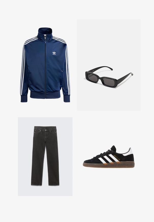 Navy blue Adidas track jacket made of smooth fabric, featuring a high collar, full zipper, and three white stripes on each sleeve.; White long-sleeve button-up shirt made of smooth fabric. Features a classic collar, front buttons, and single-button cuffs. Slim fit design.; Black denim straight-leg jeans with a classic five-pocket design, featuring orange stitching and a zipper fly closure.; Black Adidas sneaker with white stripes, gold "Spezial" text, gum sole, and white heel tab, shown in profile view.; Black rectangular sunglasses with dark lenses, glossy finish, wide arms, and a chunky frame design. Engraved brand name on one arm.; Burgundy satin tie with a smooth texture, narrow width, and pointed tip; features a loop for easy wear.