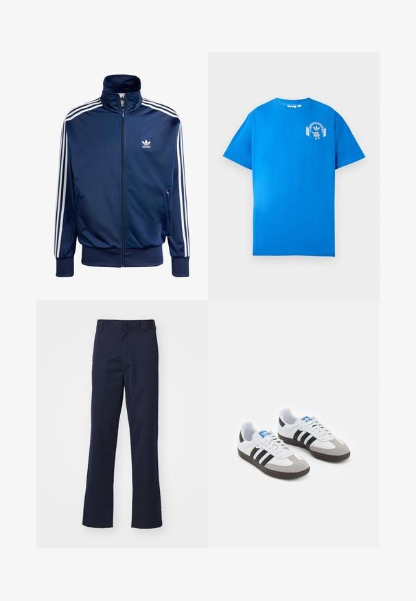 Veste de survêtement Adidas bleu marine en tissu lisse, avec un col haut, une fermeture éclair intégrale et trois bandes blanches sur chaque manche.; T-shirt en coton bleu à manches courtes. Présente un design graphique blanc sur le devant, affichant un personnage avec des écouteurs et un arc.; Pantalon bleu marine en tissu, avec une coupe droite, des passants de ceinture et une finition propre à l'ourlet. Pas de motifs ni d'accents visibles.; Baskets avec une tige en cuir blanc, un bout en daim gris et trois bandes noires. Présente un logo bleu sur la languette et une semelle en caoutchouc texturée.