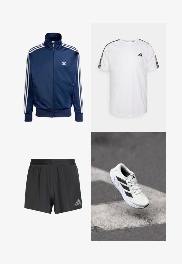 Veste de survêtement Adidas bleu marine en tissu lisse, avec un col haut, une fermeture éclair intégrale et trois bandes blanches sur chaque manche.; T-shirt blanc en coton avec un col rond, des manches courtes et des accents noirs à trois rayures sur les épaules ; présente un petit logo noir.; Shorts de sport noirs en matériau respirant avec un design perforé, taille élastique et logo Adidas gris en bas à gauche.; Baskets de sport blanches avec un dessus en mesh texturé, des rayures noires, un laçage et une semelle rembourrée, lévitant au-dessus d'une surface de route marquée.