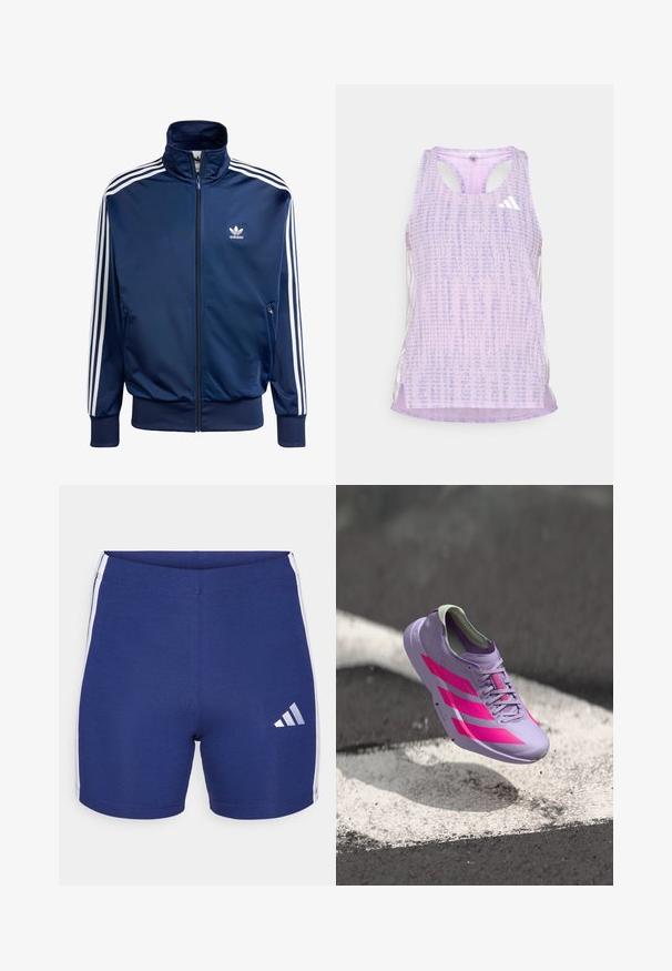Navyblå Adidas träningsjacka i slätt tyg, med hög krage, full dragkedja och tre vita ränder på varje ärm.; Lila sporttopp i ett mönstrat, texturerat tyg. Den har utskurna sidor och en liten vit logga på framsidan.; Marina blå sportshorts tillverkade av stretchigt material med vita sidostripes och en reflekterande Adidas-logotyp på vänster ben.; Ljuslila löparsko med rosa ränder och detaljer, med en smäcker design, texturerad ovandel och vadderad krage. Svävande ovanför en yta.