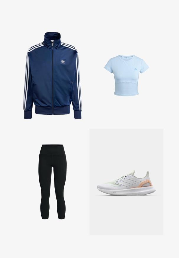 Giacca da allenamento Adidas blu navy realizzata in tessuto morbido, con colletto alto, zip completa e tre strisce bianche su ciascun maniche.; T-shirt atletico azzurro chiaro, cropped, con maniche corte, sezione inferiore a costine e logo discreto sul petto. Tessuto liscio, design aderente.; Leggings neri realizzati in materiale elasticizzato, dotati di una vita alta, vestibilità slim e tasca laterale per comodità. Texture liscia su tutta la superficie.; Scarpa sportiva bianca con accenti verde chiaro, tomaia in rete, suola in gomma e dettagli testurizzati. Presenta il marchio "LIGHT BOOST" sul lato.