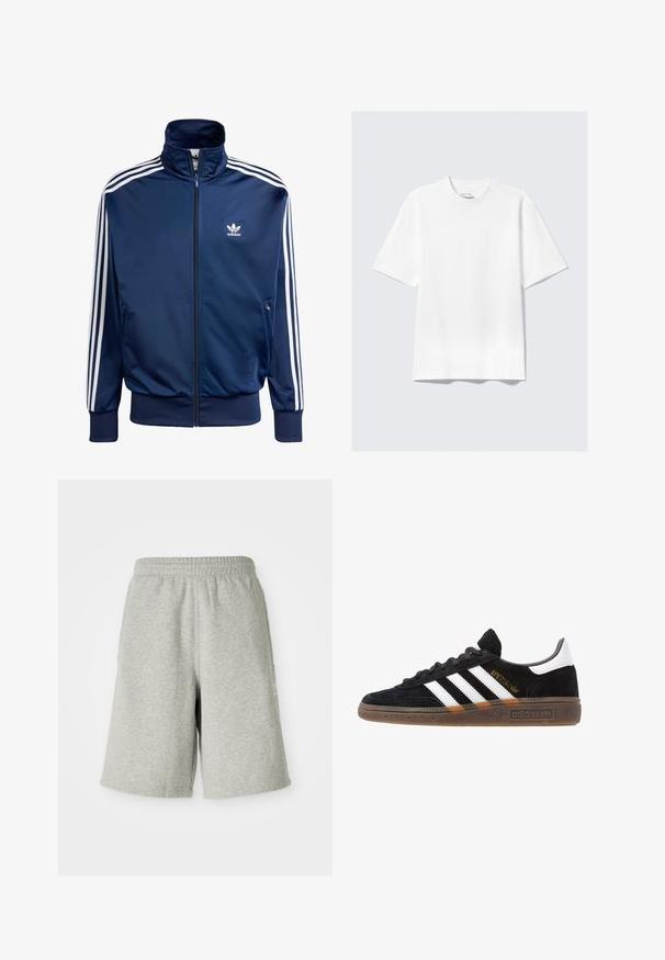Tamsiai mėlynas Adidas treniruočių švarkas, pagamintas iš lygaus audinio, su aukštu apykakle, pilnu užtrauktuku ir trimis baltais šalmais kiekvienoje rankovėje.; Balta, trumpomis rankovėmis, laisva T marškiniai, išskleisti ant šviesiai pilko fono.; Pilkos medvilninės šortai su elastinga juosta, iki kelių ilgio, su subtiliu šoniniu logotipu. Minkšta tekstūra ir laisvas, sportiškas siluetas.; Juodos Adidas sportbačiai su baltais dryžiais, auksiniu „Spezial“ užrašu, guminėmis padais ir balta kulno juostele, rodomi šoninio vaizdo.