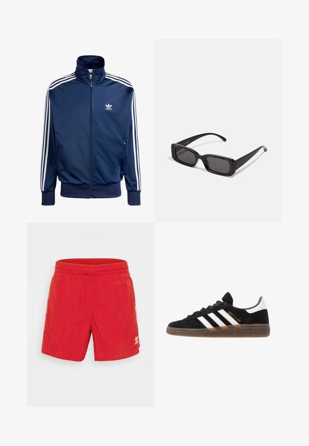 Námornícky modrá adidas športová bunda vyrobená z hladkej látky, s vysokým golierom, celoplošným zipsom a tromi bielymi pruhmi na každom rukáve.; Jednoduché biele tričko s krátkym rukávom a voľným strihom položené na svetlošedom pozadí.; Červené plavky vyrobené z ľahkého materiálu, s elastickým pásom, hladkou textúrou a malým bielym logom na dolnej ľavej strane.; Čierne tenisky Adidas so bielymi pruhmi, zlatým textom "Spezial", gumenou podrážkou a bielym zadným pútkom, zobrazené z bočného pohľadu.; Čierne obdĺžnikové slnečné okuliare s tmavými šošovkami, lesklým povrchom, širokými ramenami a robustným rámovým dizajnom. Vygravírované meno značky na jednom ramene.