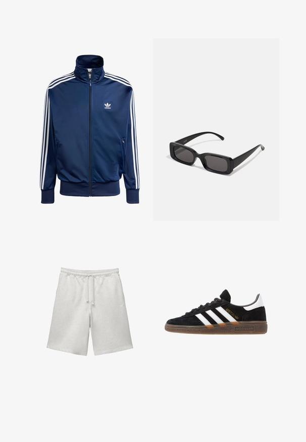 Dunkelblaues Adidas-Track-Jacke aus glattem Material, mit hohem Kragen, durchgehendem Reißverschluss und drei weißen Streifen an jedem Ärmel.; Ein schlichter, weißer, kurzärmeliger T-Shirt im lässigen Schnitt liegt flach auf einem hellgrauen Hintergrund.; Helle graue Baumwollshorts mit elastischem Bund und Kordelzug. Sie verfügen über eine lockere Passform und ein schlichtes Design ohne zusätzliche Muster oder Akzente.; Schwarzer Adidas Sneaker mit weißen Streifen, goldenem "Spezial"-Text, Gummisohle und weißem Fersenbereich, seitliche Ansicht.; Schwarze rechteckige Sonnenbrille mit dunklen Gläsern, glänzender Oberfläche, breiten Bügeln und einem klobigen Rahmen-Design. Gravierter Markenname auf einem Bügel.