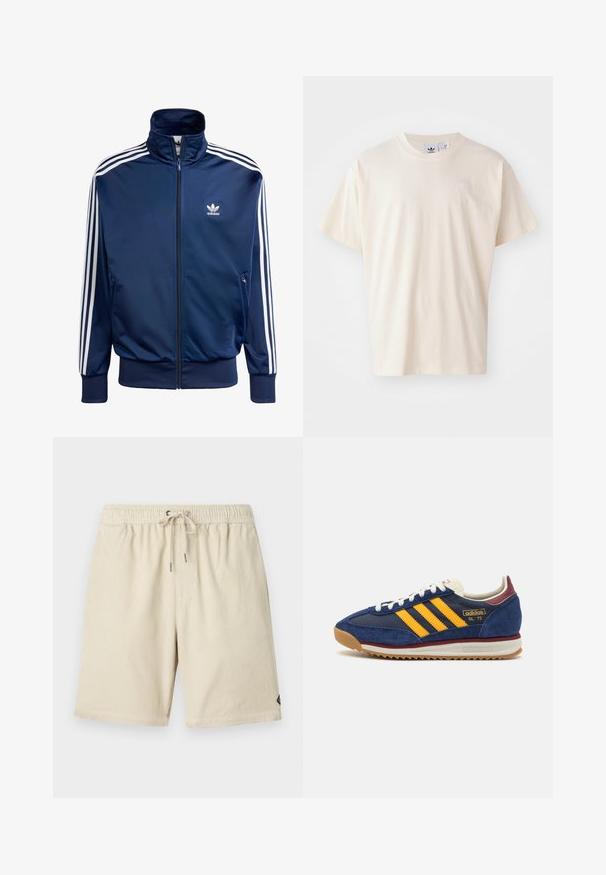 Giacca da allenamento Adidas blu navy realizzata in tessuto morbido, con colletto alto, zip completa e tre strisce bianche su ciascun maniche.; T-shirt in cotone crema con scollatura rotonda e maniche corte; presenta un piccolo logo chiaro sul petto.; Shorts in corduroy beige con una fascia elastica in vita e coulisse, caratterizzati da una sottile trama rigata verticale e un piccolo etichetta sul lato.; Sneaker in suede blu navy con strisce gialle, lacci bianchi e dettagli bordeaux. Suola testurizzata con scanalature per una maggiore aderenza. Logo del brand sul lato.
