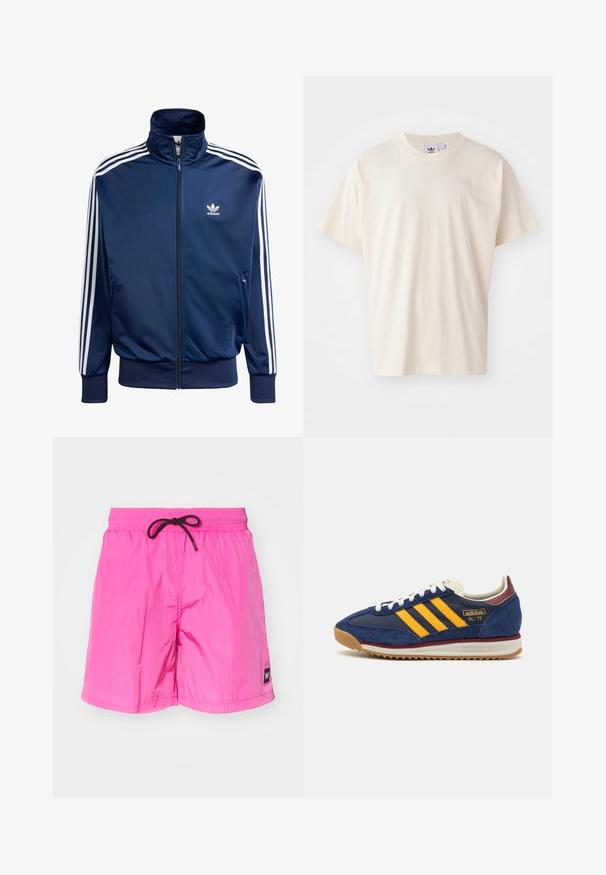 Navy blue Adidas track jacket made of smooth fabric, featuring a high collar, full zipper, and three white stripes on each sleeve.; Cream cotton t-shirt with a round neckline and short sleeves; features a small, light-colored logo on the chest.; Pink, lightweight swim shorts with an elastic waistband and black drawstring. Features a small label on the left leg. Smooth texture.; Navy suede sneaker with yellow stripes, white laces, and burgundy accents. Textured sole with grooves for traction. Brand logo on side.