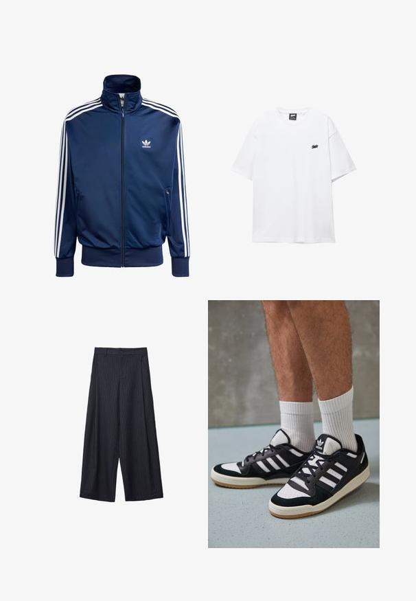 Granatowa kurtka Adidas z materiału gładkiego, z wysokim kołnierzem, pełnym zamkiem i trzema białymi paskami na każdym rękawie.; Biała bawełniana koszulka z krótkim rękawem, okrągłym dekoltem i małym czarnym logo na piersi. Gładka tekstura i luźny fason.; Szerokie spodnie w granatowym materiale z pionowymi białymi paskami, z zapięciem na guziki i bocznymi kieszeniami, gładka tekstura, dopasowany krój.; Czarno-białe sneakersy z zamszową i skórzaną cholewką, z trzema białymi paskami, perforowanym czubkiem i gumową podeszwą w kolorze gumy.