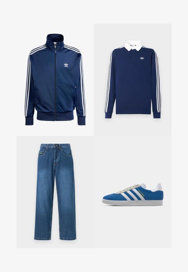 Casaco de treino Adidas azul-marinho feito de tecido suave, com gola alta, fecho de correr completo e três riscas brancas em cada manga.; Polo azul-marinho de manga comprida, tecido em algodão, gola branca, apresenta três riscas brancas clássicas ao longo das mangas, com um pequeno logótipo no peito.; Calças de ganga num azul médio, com um design de perna reta, cinco bolsos e detalhes em costura amarela.; adidas Originals ADIDAS GAZELLE SHOES - Botas de futebol de salão - real madrid/bluebird/footwear white/crew yellow
