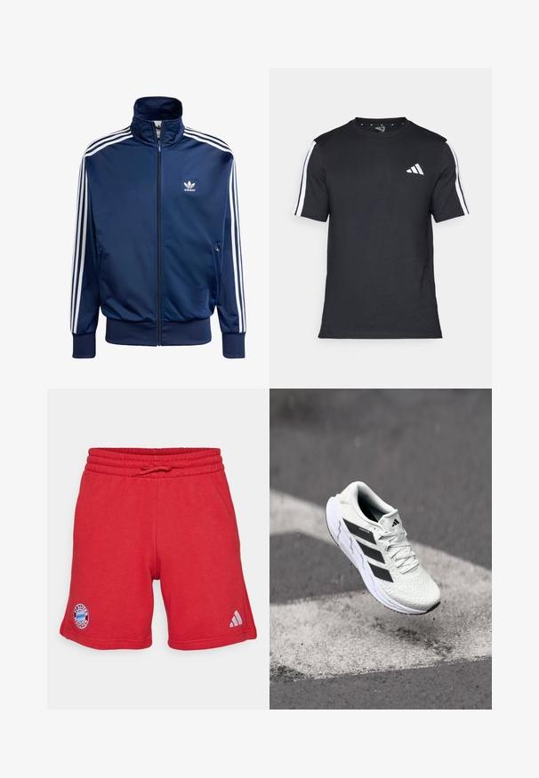 Temno modra Adidas jakna za trening iz gladkega materiala, s visokim ovratnikom, polnim zadrgo in tremi belimi črtami na vsaki rokavi.; Črna majica z kratkimi rokavi iz bombaža, z belimi črtami na ramenih in belim logotipom na levem prsnem delu.; Rdeče športne kratke hlače iz mehkega, zračnega materiala. Imajo elastik v pasu z vrvico, logotip FC Bayern München in blagovno znamko Adidas.; Bela atletska čevlja z teksturiranim mrežastim zgornjim delom, črnimi črtami, zavezovanjem na vezalke in oblazinjenim podplatom, lebdi nad označeno cesto.