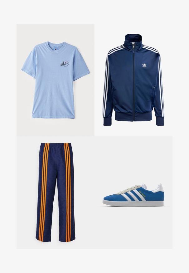 Jūras zila Adidas sporta jaka, kas izgatavota no gludas auduma, ar augstu apkakli, pilnu rāvējslēdzēju un trim baltām svītrām uz katras rokas.; Gaiši zils īsās piedurknes T-krekls, izgatavots no kokvilnas, ar nelielu melnu logotipu ar krāsainiem punktiem uz kreisā krūšu apgabala. Klasiska apaļā kakla dizains.; Tumši zili bikses ar visaptverošu rakstu faktūru, katrā pusē ar trim biezām oranžām svītrām. Augšpusē ar elastīgu jostu.; adidas Originals ADIDAS GAZELLE SHOES - Futbola apavi iekštelpām - real madrid/bluebird/footwear white/crew yellow