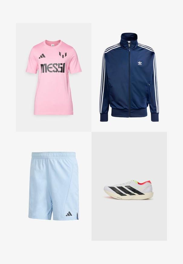 Marineblauwe Adidas trainingsjack van gladde stof, met een hoge kraag, volledige rits en drie witte strepen op elke mouw.; Roze katoenen T-shirt met zwarte bedrukte tekst "MESSI", adidas-logo en opvallende ontwerpelementen op de schouders. Korte mouwen.; Lichtblauwe sportshorts gemaakt van lichtgewicht materiaal. Voorzien van een elastische tailleband en een zwart Adidas-logo aan de onderlinkerkant.; Witte hardloopschoen met zwarte strepen, neon groene accenten en een rode hak. Beschikt over een lichtgewicht ontwerp en een gestructureerde zool voor grip.