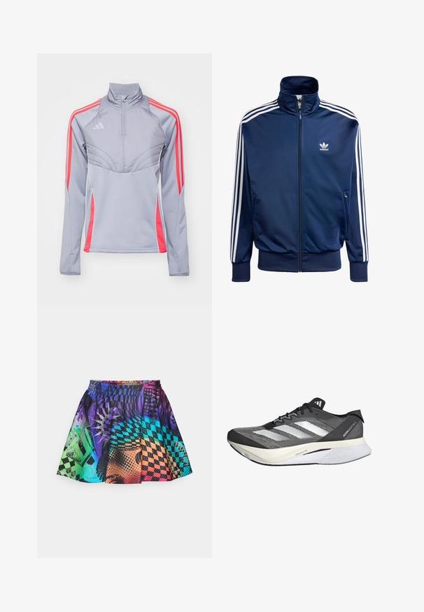 Giacca da allenamento Adidas blu navy realizzata in tessuto morbido, con colletto alto, zip completa e tre strisce bianche su ciascun maniche.; Giacca sportiva grigia chiara con accenti rosa, colletto alto e zip frontale. Presenta tre strisce su ciascun manica e un design testurizzato.; Gonna colorata che presenta un mix di motivi in viola, blu, verde e arancione. La vita elastica e il design plissettato migliorano il movimento.; Scarpa sportiva in bianco e nero con tomaia in rete, presenta tre strisce bianche, una suola prominente etichettata "LIGHTSTRIKE PRO" e un design snello.