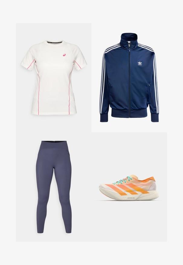 Marineblauwe Adidas trainingsjack van gladde stof, met een hoge kraag, volledige rits en drie witte strepen op elke mouw.; Witte sportshirt met korte mouwen en roze stiksels langs de zijkanten en mouwen, met een klein roze Asics-logo op de borst.; High-waisted legging in een effen donkergrijze kleur. Gemaakt van rekbare stof met platte naden en een nauwsluitend, taps toelopend ontwerp.; Hardloopschoen met een gemengd ontwerp van oranje, perzik en wit. Beschikt over drie witte strepen en lichtblauwe veters.
