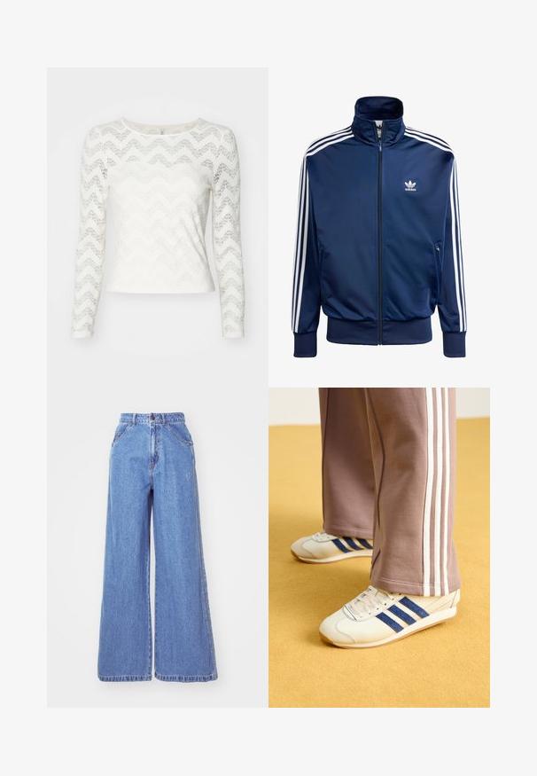 Mørkeblå Adidas træningsjakke lavet af glat stof, med høj krave, fuld lynlås og tre hvide striber på hver ærme.; Hvid langærmet top med et zigzag blonde mønster, rund halsudskæring og en tætsiddende silhuet. Glat tekstur med let glans.; adidas Originals Jeans Straight Leg - light denim; Creme sneakers med blå ruskindstriber, hvide snørebånd og gummisål. Parret med grå sweatpants med hvide sidestiber.