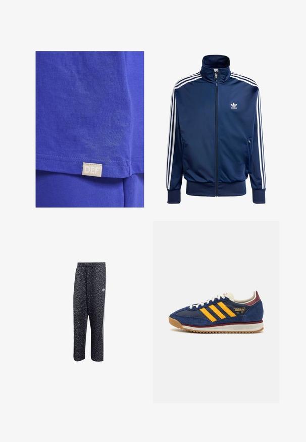 Jachetă de trening Adidas de culoare albastru închis, confecționată dintr-un material neted, având un guler înalt, fermoar complet și trei dungi albe pe fiecare mânecă.; Tricou din bumbac albastru cu textură fină, mâneci scurte și o etichetă rectangulară din material cu textul "DEF" aproape de tiv.; Pantaloni de sport negri cu un model din leopard, având un design cu trei dungi albe și un logo al brandului sportiv pe lateral.; Sneaker din suede albastru navy cu dungi galbene, sireturi albe și accente bordeaux. Talpă texturată cu nervuri pentru tracțiune. Logo-ul brandului pe lateral.
