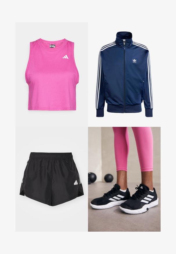 Navy blue Adidas track jacket made of smooth fabric, featuring a high collar, full zipper, and three white stripes on each sleeve.; Pink athletic crop top made of a smooth, stretchy fabric. Features a round neckline and a white logo on the left chest area.; adidas Sportswear TIRO CUT 3 STRIPES SUMMER SHORTS - Sports shorts - black; Black athletic shoes with white stripes, textured mesh upper, and a white sole. Worn with pink leggings, showcasing training apparel.