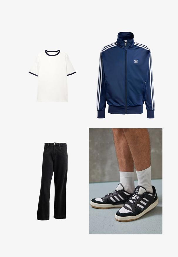 Jachetă de trening Adidas de culoare albastru închis, confecționată dintr-un material neted, având un guler înalt, fermoar complet și trei dungi albe pe fiecare mânecă.; Tricou alb cu guler rotund de culoare bleumarin și accente bleumarin pe mânecile scurte; fabricat dintr-un material moale și neted, cu o croială lejeră.; Blugi din denim negru cu un design drept, având buzunare frontale, închidere cu nasture și o textură ușoară. Include un detaliu subtil cu logo.; Adidași negri și albi cu un superior din suede și piele, prevăzuți cu trei dungi albe, un vârf perforat și o talpă din cauciuc caramel.