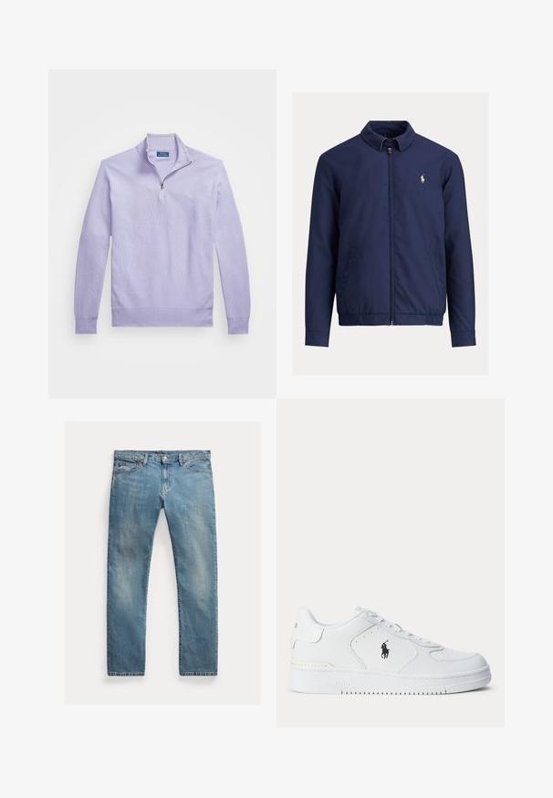 Tamsiai mėlyna striukė su apykakle, priekyje užtrauktuku ir elastinga apačia. Yra šoninės kišenės, lygi tekstūra ir mažas logotipas kairėje krūtinės pusėje.; Šviesiai purpurinis megztinis su ketvirtadaliu užtrauktuku, su pūkuotomis rankovėmis ir apačia; ant krūtinės yra mažas logotipas.; Šviesiai mėlynos džinsinės kelnės su tiesia kirpimu, mygtukų užsegimu, penkiais kišenėmis, švelnia nublukimu ir siūlų akcentais.; Balti sportiniai batai su tekstūruota odine viršutine dalimi, apvalia nosimi, plokščia raištelių sistema ir juodu logotipu šone. Guminis padas su sukibimo raštu.