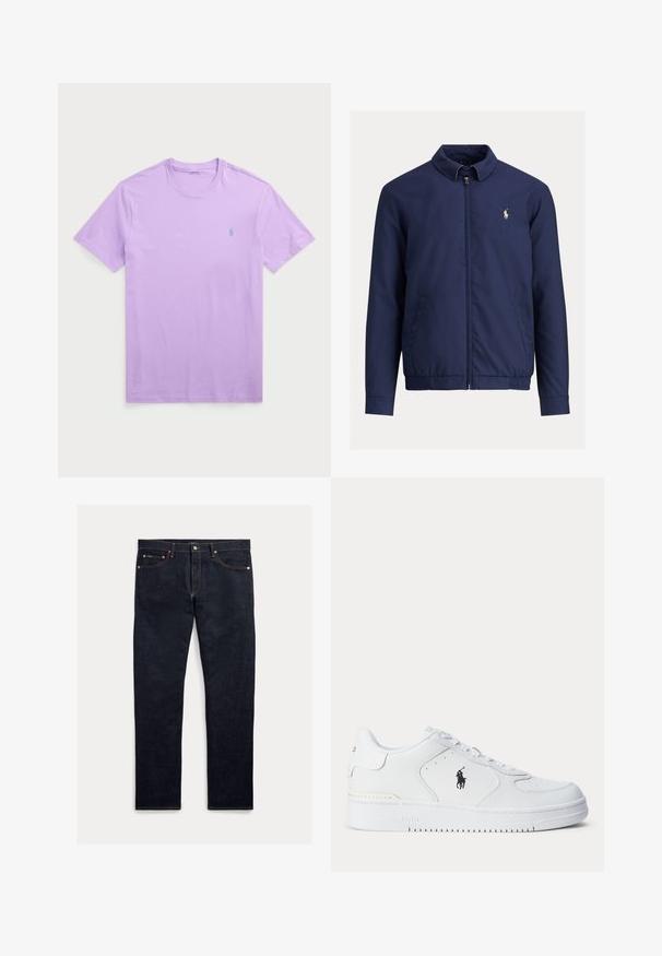 Tamsiai mėlyna striukė su apykakle, priekyje užtrauktuku ir elastinga apačia. Yra šoninės kišenės, lygi tekstūra ir mažas logotipas kairėje krūtinės pusėje.; Šviesiai violetinė trumpomis rankovėmis marškinėliai pagaminti iš medvilnės, su apvalia iškirpte ir mažu išsiuvinėtu logotipu kairėje krūtinės pusėje.; Tamsūs džinsai iš džinso audinio, tiesaus kirpimo, su penkiomis kišenėmis, oranžine siūle ir sagų užsegimu. Audinys yra lygios tekstūros.; Balti sportiniai batai su tekstūruota odine viršutine dalimi, apvalia nosimi, plokščia raištelių sistema ir juodu logotipu šone. Guminis padas su sukibimo raštu.