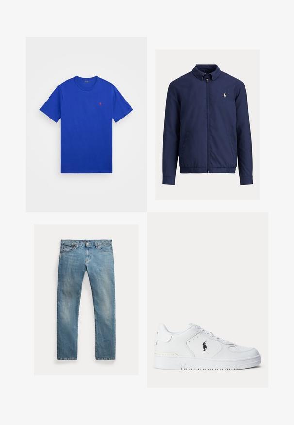 Granatowa kurtka z kołnierzem, suwakiem z przodu i elastycznym obszyciem na dole. Posiada boczne kieszenie, gładką teksturę oraz małe logo na lewej piersi.; Niebieska bawełniana koszulka z okrągłym dekoltem, krótkim rękawem i czerwonym haftowanym logo po lewej stronie klatki piersiowej. Gładka tekstura i regularny krój.; Jasnoniebieskie dżinsy o prostym kroju, zapinane na guziki, z pięcioma kieszeniami, delikatnym wypłowieniem i przeszyciami.; Biały sportowy but z fakturowaną skórzaną cholewką, okrągłym noskiem, płaskimi sznurowadłami oraz czarnym logo po boku. Gumowa podeszwa z wzorem bieżnika.
