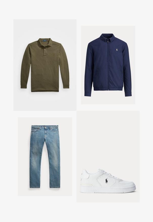 Granatowa kurtka z kołnierzem, suwakiem z przodu i elastycznym obszyciem na dole. Posiada boczne kieszenie, gładką teksturę oraz małe logo na lewej piersi.; Koszulka polo z długim rękawem w oliwkowym kolorze, wykonana z miękkiego materiału. Posiada klasyczny kołnierzyk, zapięcie na dwa guziki oraz haftowane logo na froncie.; Jasnoniebieskie dżinsy o prostym kroju, zapinane na guziki, z pięcioma kieszeniami, delikatnym wypłowieniem i przeszyciami.; Biały sportowy but z fakturowaną skórzaną cholewką, okrągłym noskiem, płaskimi sznurowadłami oraz czarnym logo po boku. Gumowa podeszwa z wzorem bieżnika.