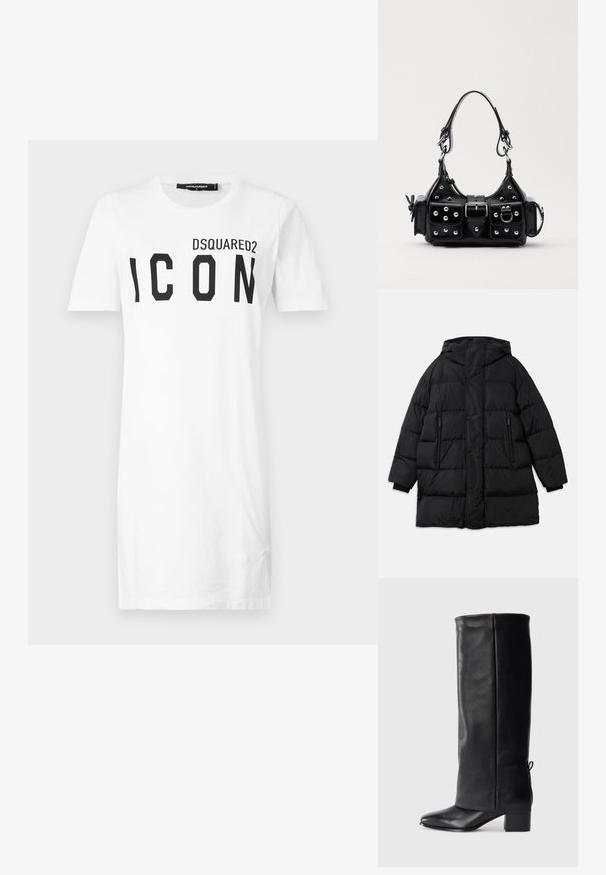 Schwarze Puffjacke mit Kapuze, ausgestattet mit Reißverschlusstaschen, gestepptem Design und gerippten Bündchen. Wasserdichtes Material für Wärme und Schutz.; Weißes Baumwoll-T-Shirt mit kurzen Ärmeln, das einen schwarzen auffälligen "ICON"-Druck und das "DSQUARED2"-Logo darüber zeigt. Klassischer Rundhalsausschnitt.; Schwarze Leder-Stiefel bis zum Knie mit glatter Oberfläche, quadratischer Zehenpartie, Blockabsatz und seitlichen Bindebändern für eine verstellbare Passform.; Schwarze Lederhandtasche mit einem geschwungenen Design, verziert mit silbernen Nieten, einer Schnalle und zwei seitlichen Taschen. Verstellbarer Träger für verschiedene Tragemöglichkeiten.