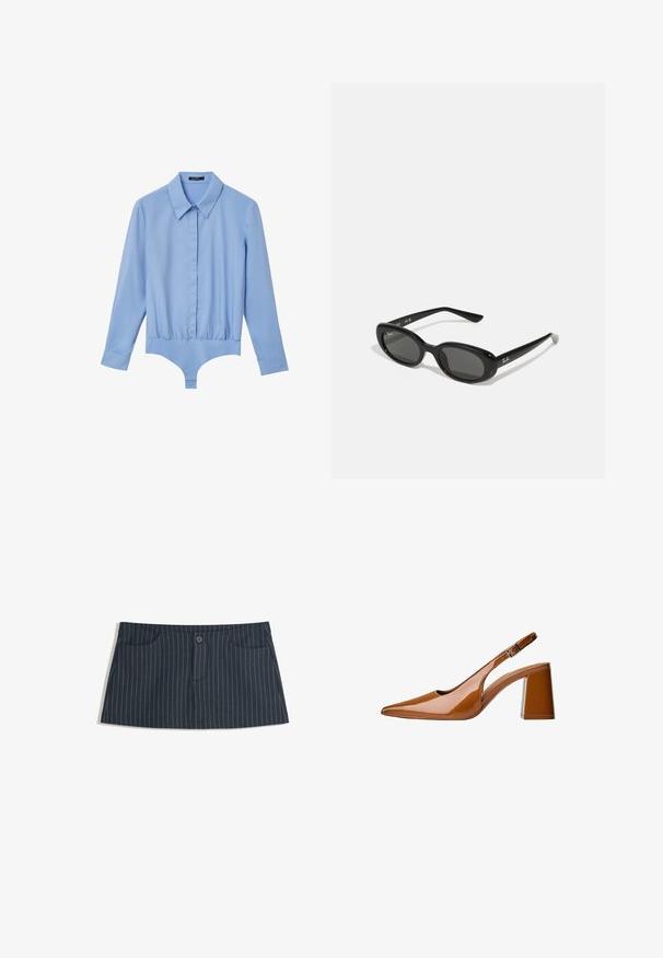 Dunkelblaue Jeansjacke mit spitzem Kragen, vorderer Knopfverschluss, zwei Brusttaschen und zwei seitlichen Taschen. Mit Kontrastnähten.; Hellblaues, knopfbares Bodysuit mit langen Ärmeln, spitzem Kragen, glatter Textur und elastischem Bund für eine figurbetonte Passform.; Marineblaues Minirock mit Nadelstreifen, vorderen Taschen und einem einzelnen Knopfverschluss an der Taille.; Schokobrauner Lackleder-Slingback-Schuh mit spitzer Zehenform und klobigem Absatz. Verfügt über eine seitliche Aussparung und eine verstellbare metallic Schnalle.; Schwarze Sonnenbrille mit ovalen Gläsern, glänzendem Kunststoffrahmen und schlanken Bügeln. Mit Ray-Ban-Logo in Weiß an der Seite.; Braune Wildleder-Schultertasche mit einem geschwungenen Griff, weicher Textur und einem Reißverschluss oben. Keine sichtbaren Beschläge oder Muster.