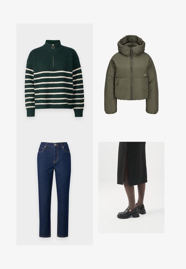 Doudoune vert olive avec un col haut, un zip sur le devant et des détails cousus. Le tissu a une texture lisse et légèrement brillante.; Pull en tricot vert avec un col montant, présentant des rayures blanches horizontales, une fermeture éclair quart avec un anneau doré, et des poignets côtelés.; Jeans en denim bleu foncé avec une coupe droite, présentant une fermeture éclair, un bouton, et des surpiqûres accentuées sur les poches et les coutures.; Chaussures noires en cuir avec un bout arrondi, un épais talon bloc et des accents latéraux élastiques, associées à des bas foncés et une jupe noire avec une fente.