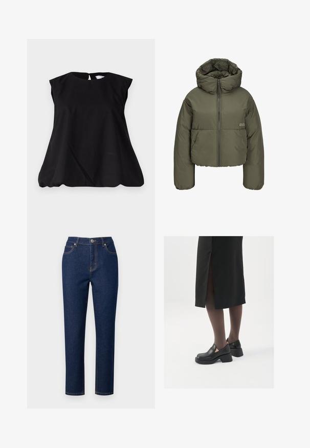 Oliivroheline puhvjakas kõrge kraega, lukuga ees ja õmmeldud detailidega. Kanga pind on sile ja väikese läikega.; Must have värvitu musta ilma varrukateta topp ümmarguse kaeluse ja võtmeaugu seljaga disainiga, millel on kerge A-joone kuju mugavaks sobivuseks. Valmistatud kergest kangast.; Tumedad sinimõõdulised teksased sirge lõikega, millel on tõmblukk, nööbikinnitus ja aktsentõmblused taskutes ning õmblustes.; Mustad mustad jalatsid ümmarguse varbaga, paksu plokkniidi ja elastsete külgdetailidega, kombineeritud tumedate sukkade ja musta lõhikuga seelikuga.