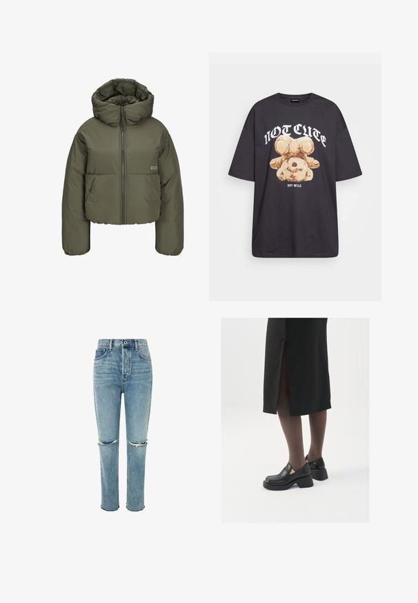 Olivno zeleni napihani jopič z visokim ovratnikom, zadrgo spredaj in šivanimi detajli. Tkanina ima gladko, rahlo sijajno teksturo.; Črna oversized majica s kratkimi rokavi, na kateri je grafika medveda z besedilom „NI SRČKAN VKLJUČNO Z DIVJIM“ v poudarjenem belem tisku. Material: bombaž.; Svetlo modri jeans s visokim pasom, ravnim krojem in dvema poškodovanima kolenoma. Ima pet žepov in rahlo strgan rob.; Črne usnjene čevlje s zaobljenim prstom, debelim blokastim petama in elastičnimi stranskimi detajli, v kombinaciji s temno nogavicami in črno krilo z razporkom.