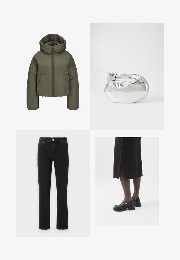 Chaqueta puffer verde oliva con cuello alto, cremallera frontal y detalles de costura. La tela tiene una textura suave y ligeramente brillante.; Top de tirantes blanco sin mangas hecho de tela acanalada, con un escote redondeado y una silueta ajustada, con costuras mínimas y sin adornos.; Jeans de mezclilla negra con un corte recto, que cuentan con cierre de botón plateado, bolsillos frontales y costuras mínimas. Tejido suave y texturizado.; Zapatos de piel negra con punta redondeada, tacón grueso y bloque, y acentos elásticos en los laterales, combinados con unos pantys oscuros y una falda negra con una abertura.; Bolsa de pouch metálica plateada con una forma suave y redondeada y un cierre en la parte superior con un nudo. Hecha de un material de imitación de cuero suave.; Pendientes de aro plateados con un diseño minimalista. Forma circular, textura suave y perfil delgado. Livianos con un acabado pulido.