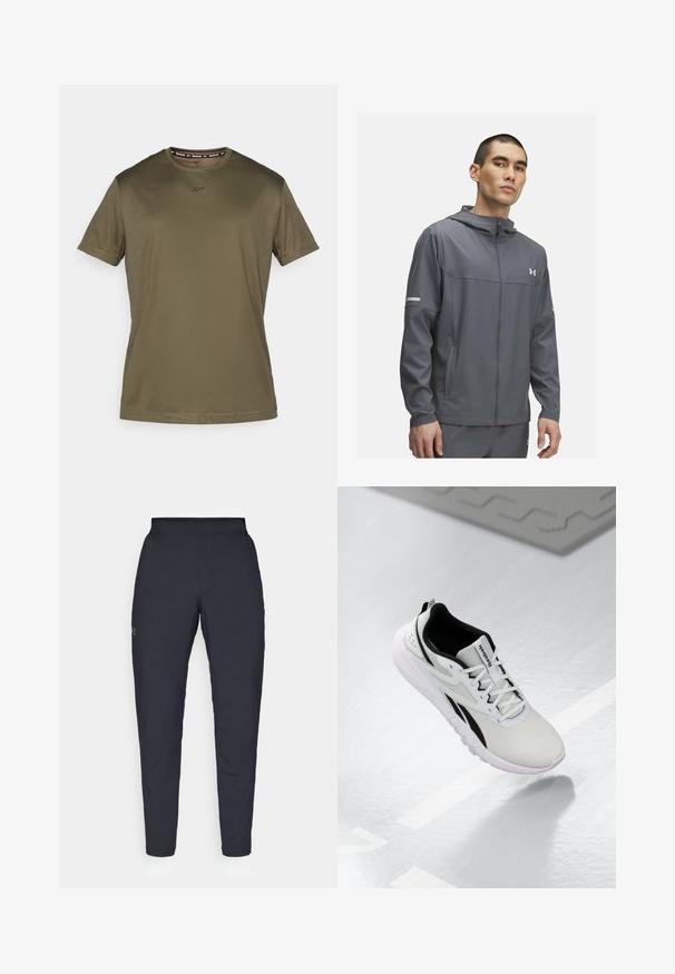 Gray athletic jacket with a zip front, hood, and two side pockets. Features reflective accents and a logo on the chest. Smooth texture.; Olive green short-sleeve t-shirt made of smooth fabric. Features a round neck and subtle logo on the chest, with a simple, streamlined design.; Black athletic pants with a smooth texture, slim fit, elastic waistband, and side pockets. Features a small logo on the left thigh.; Light gray athletic shoe with black accents, textured mesh upper, cushioned sole, and lace-up closure. Features a heel pull tab.