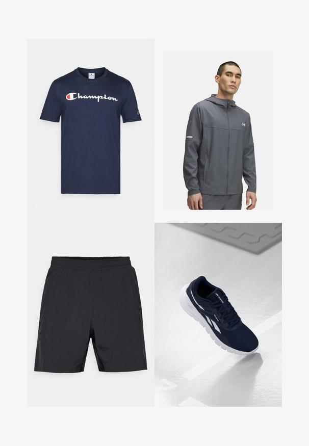 Gray athletic jacket with a zip front, hood, and two side pockets. Features reflective accents and a logo on the chest. Smooth texture.; Navy blue cotton t-shirt with short sleeves, featuring a white "Champion" logo across the chest and a small logo on the right sleeve.; Black athletic shorts with elastic waistband and side pockets, designed for comfort and active wear.; Navy athletic shoe with a textured upper, white accents, and a cushioned sole. Features a lace-up design and logo on the tongue.