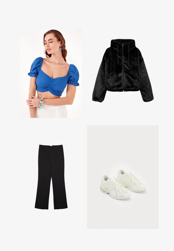 Schwarze, cropped Jacke aus plüschigem Kunstfell, ausgestattet mit einer Kapuze, Reißverschluss und Zugbändern. Die Oberfläche ist weich und hat eine einheitliche Textur.; Blauer, verkürzter Oberteil mit Puffärmeln und gerafftem Frontdetail. Das Model trägt ein geometrisch gemustertes Armband und eine schlichte Halskette. Der Hintergrund ist einfarbig weiß.; Schwarze Hose mit geradem Schnitt, ausgestattet mit Fronttaschen und Seitenschlitzen am Saum. Hergestellt aus weichem, glattem Stoff. Geeignet für verschiedene Anlässe.; Weiße Sportschuhe aus Mesh- und synthetischen Materialien, Schnürdesign, gepolsterter Kragen und strukturiertes Profil für besseren Grip. Leichte Bauweise.