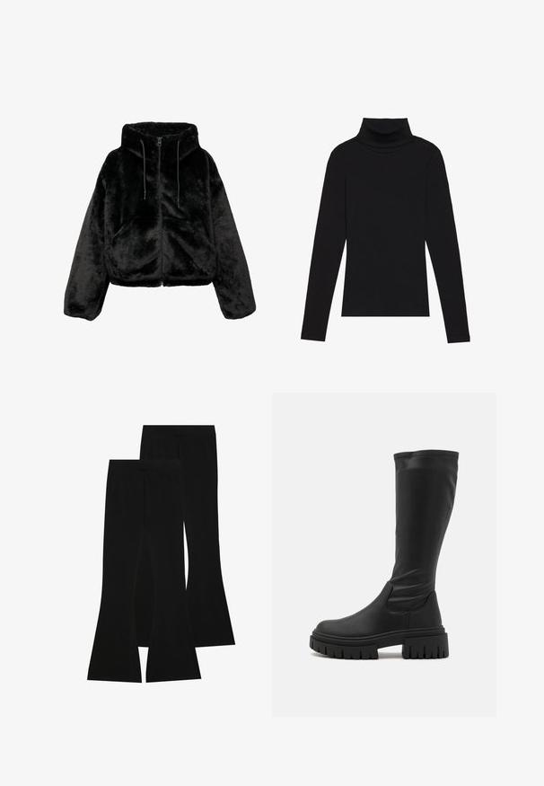 Czarna krótka kurtka wykonana z puchowego sztucznego futra, z kapturem, zamek błyskawiczny oraz sznurki. Powierzchnia jest miękka o jednolitej teksturze.; Czarna bluzka z długim rękawem i kołnierzem typu stójka, wykonana z prążkowanej tkaniny, charakteryzuje się dopasowanym krojem, wysokim dekoltem oraz brakiem wzorów i zdobień.; Czarne spodnie w kształcie dzwonów wykonane z elastycznej tkaniny, z wysokim stanem i gładką fakturą, o dopasowanym kroju, który rozszerza się od kolana.; Even&Odd - Kozaki na platformie